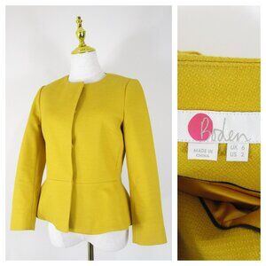 Boden Mustard Yellow Polperro Collarless Peplum Blazer Jacket 2 Formal Career